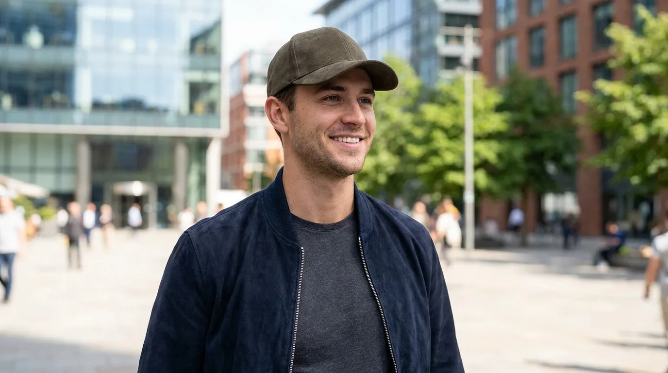 Un jeune homme souriant portant une casquette kaki et une veste bleu marine dans un centre-ville moderne.
