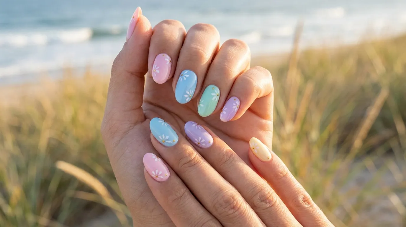Main aux ongles en amande avec des motifs de petites fleurs blanches sur vernis pastel devant une plage.