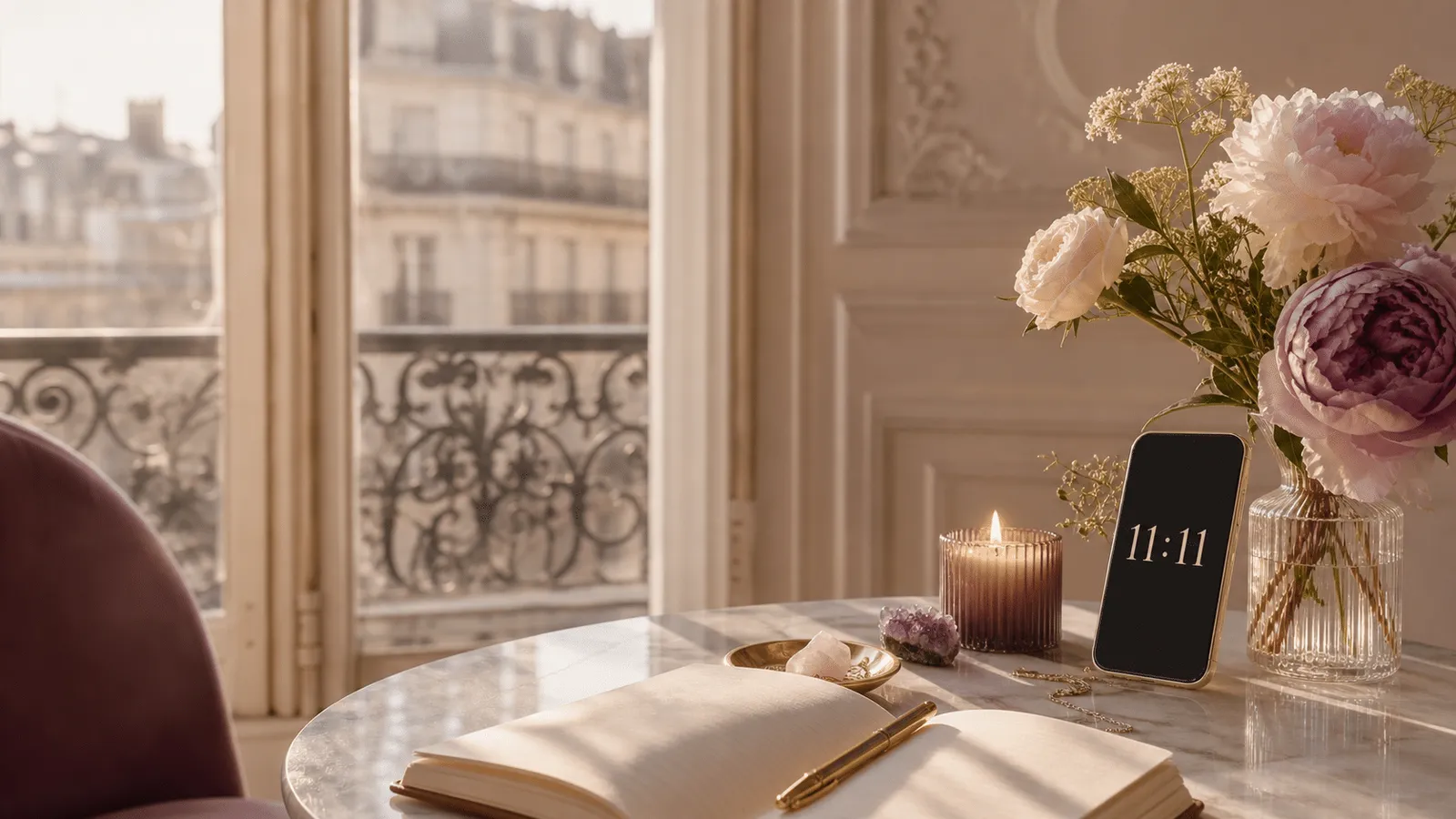 Horloge affichant 11h11 dans une ambiance romantique et spirituelle