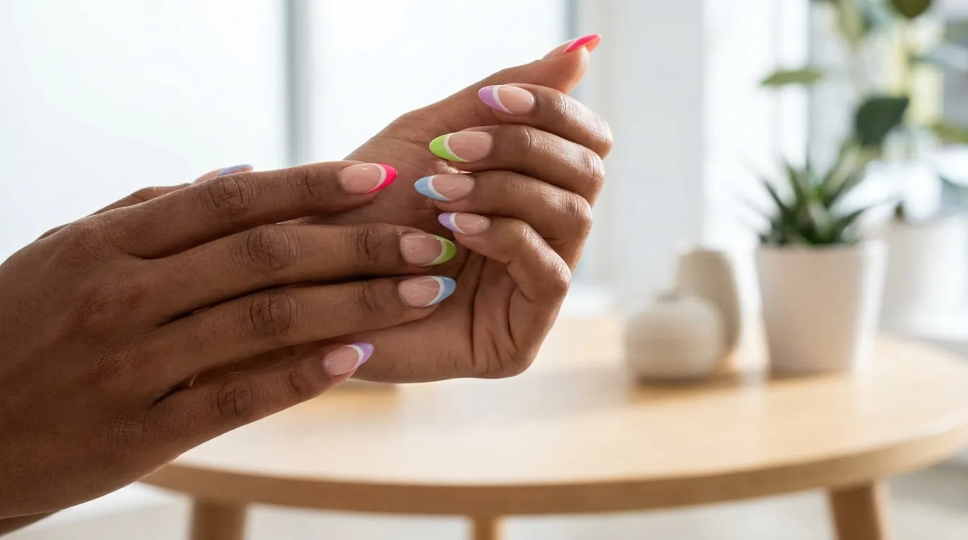 Mains aux ongles en amande avec une french manucure multicolore aux tons pastel et vifs, posées sur une table en bois.