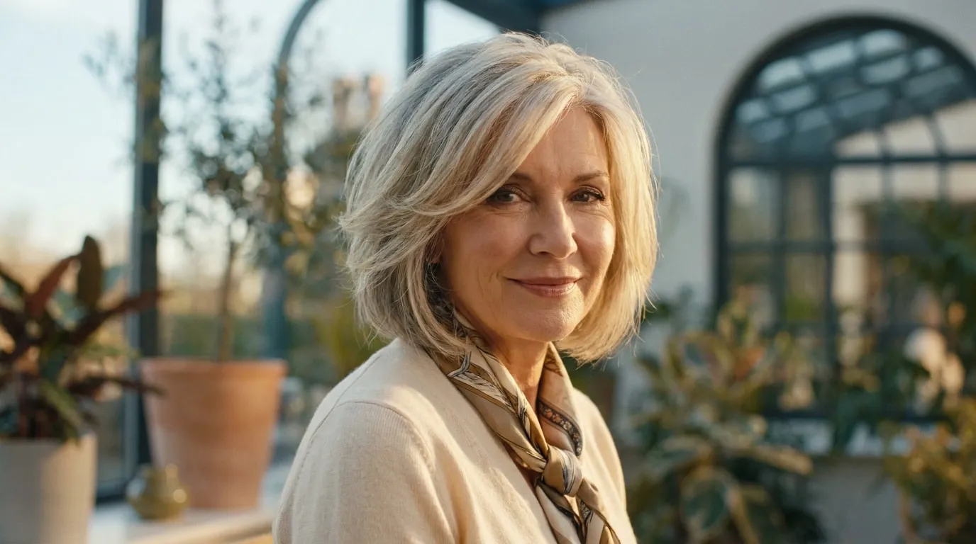Portrait d'une femme de 60 ans aux cheveux blonds argentés coiffés en un carré dégradé élégant et moderne.