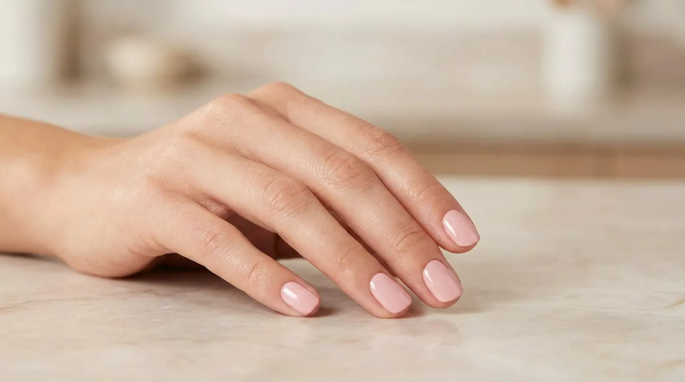 Main féminine avec des ongles courts soigneusement manucurés et vernis en rose nude posée sur une surface en marbre clair.