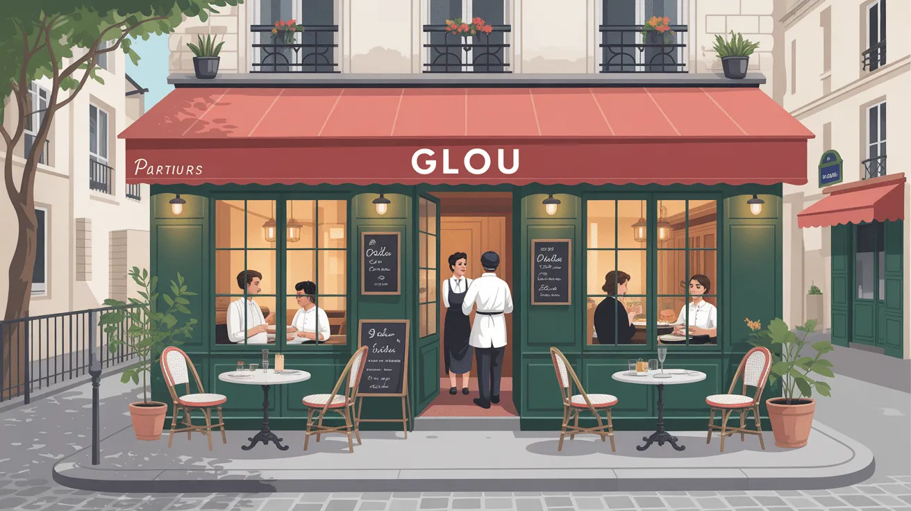 Restaurant en terrasse avec clients et serveurs.