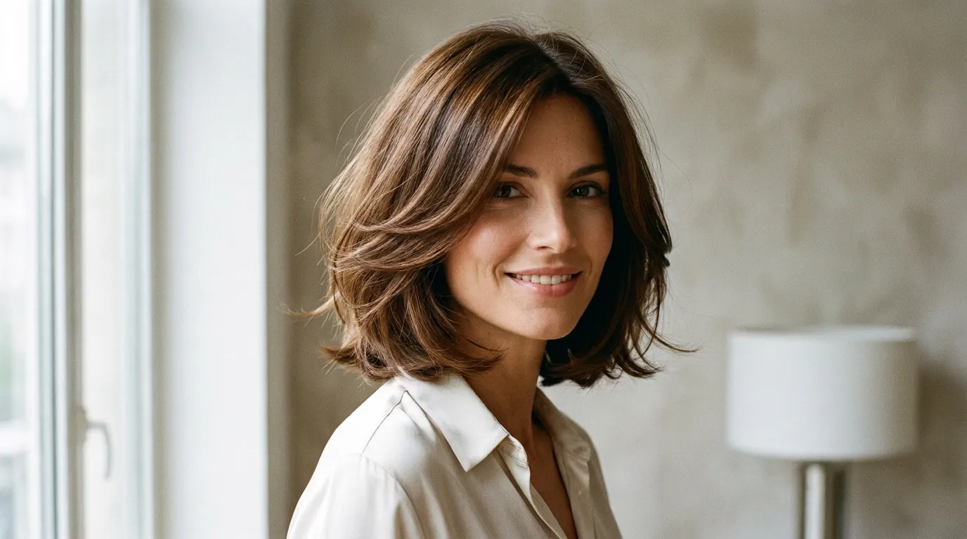 Femme souriante avec un carré dégradé brun et volumineux, posant près d'une fenêtre.