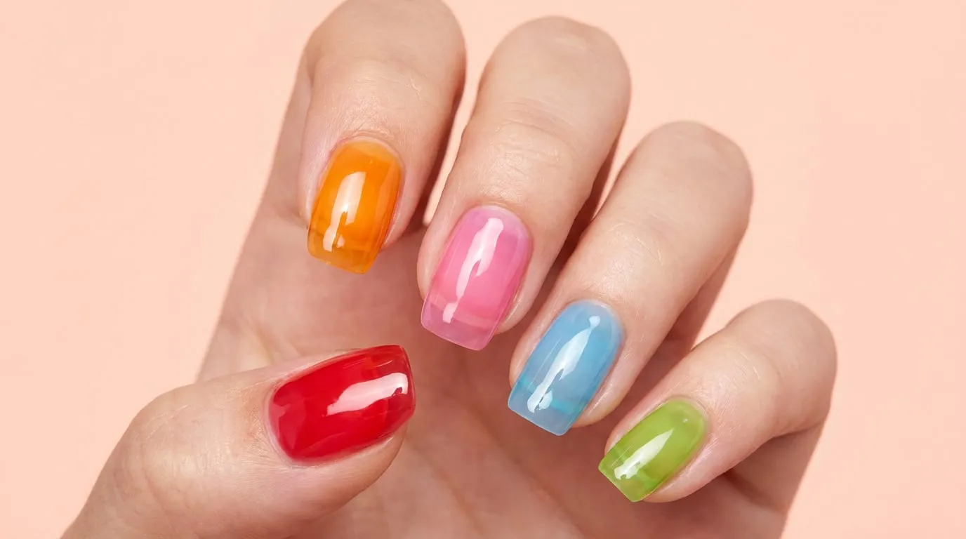 Une main avec des ongles vernis de couleurs vives et translucides façon gelée sur un fond pêche.