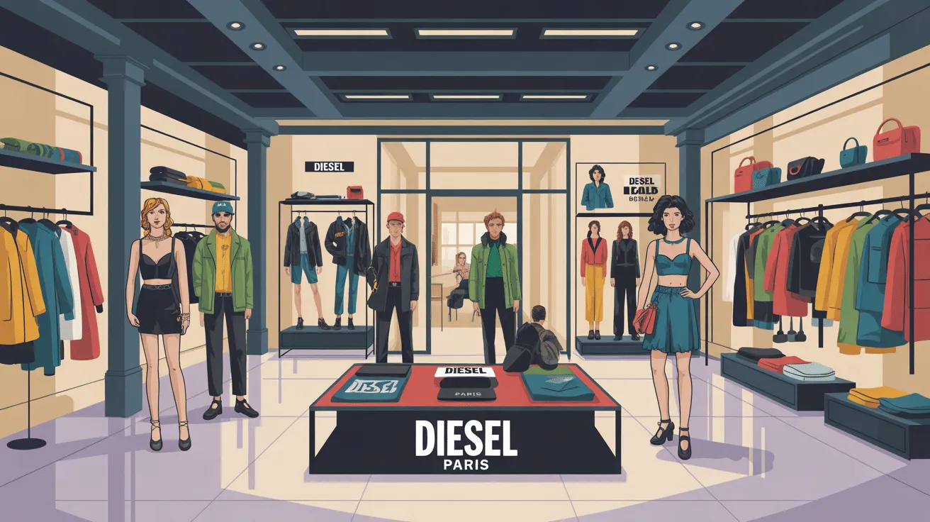 Magasin Diesel à Paris avec divers vêtements.
