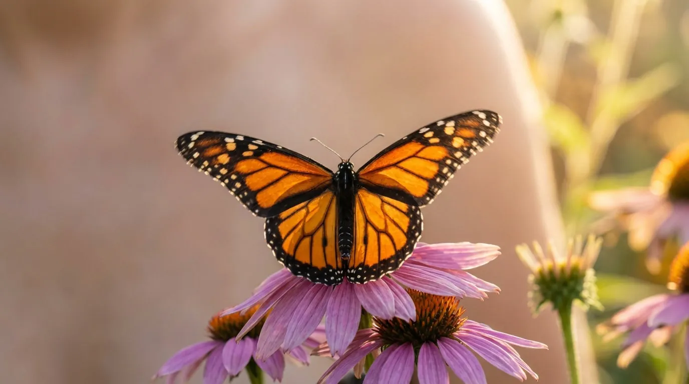 Gros plan d'un papillon Monarque orange et noir aux ailes déployées, posé sur une fleur d'échinacée rose.