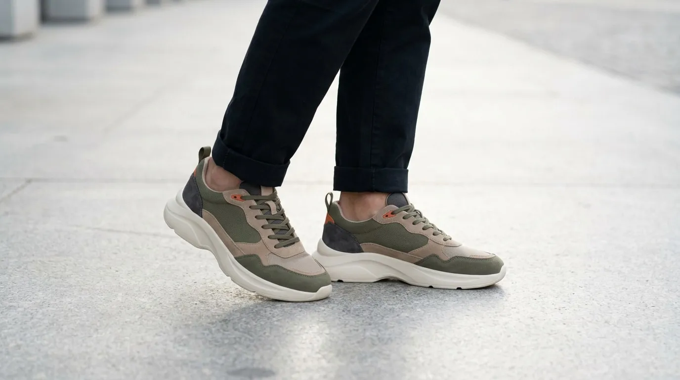 Personne portant des baskets chunky olive, beige et grises avec des semelles épaisses blanches et un pantalon foncé retroussé sur un sol en béton clair.