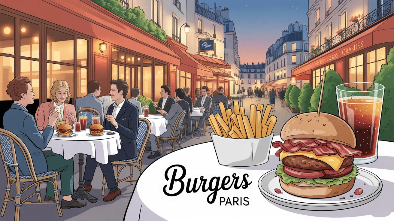 Terrasse parisienne avec burgers et frites.