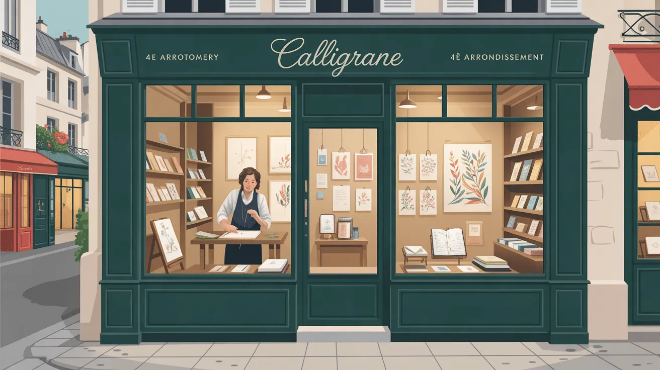 Boutique Calligrane avec étagères et dessins.