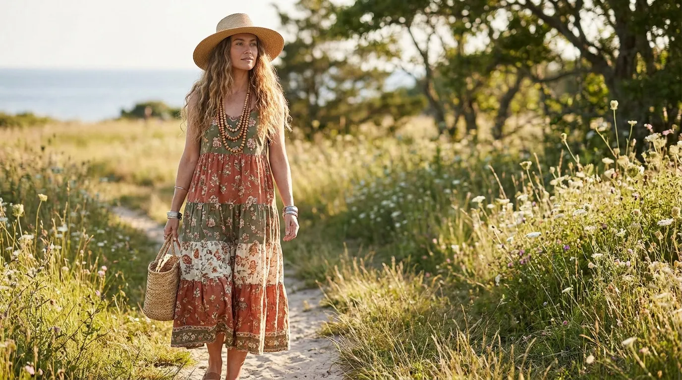 Femme aux cheveux longs portant une robe longue à fleurs et un chapeau de paille dans un champ au coucher du soleil.