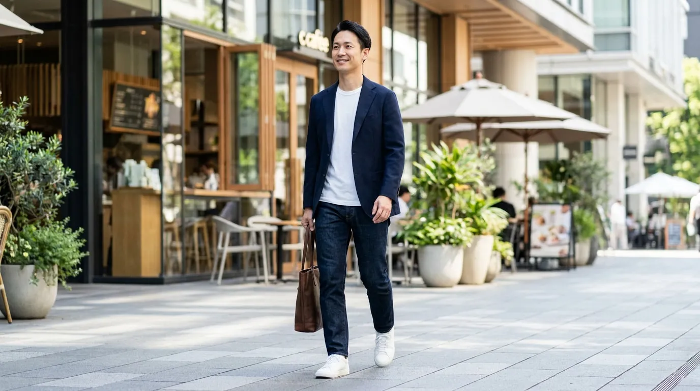 Un homme souriant en blazer bleu et jean marchant dans une rue commerçante élégante.