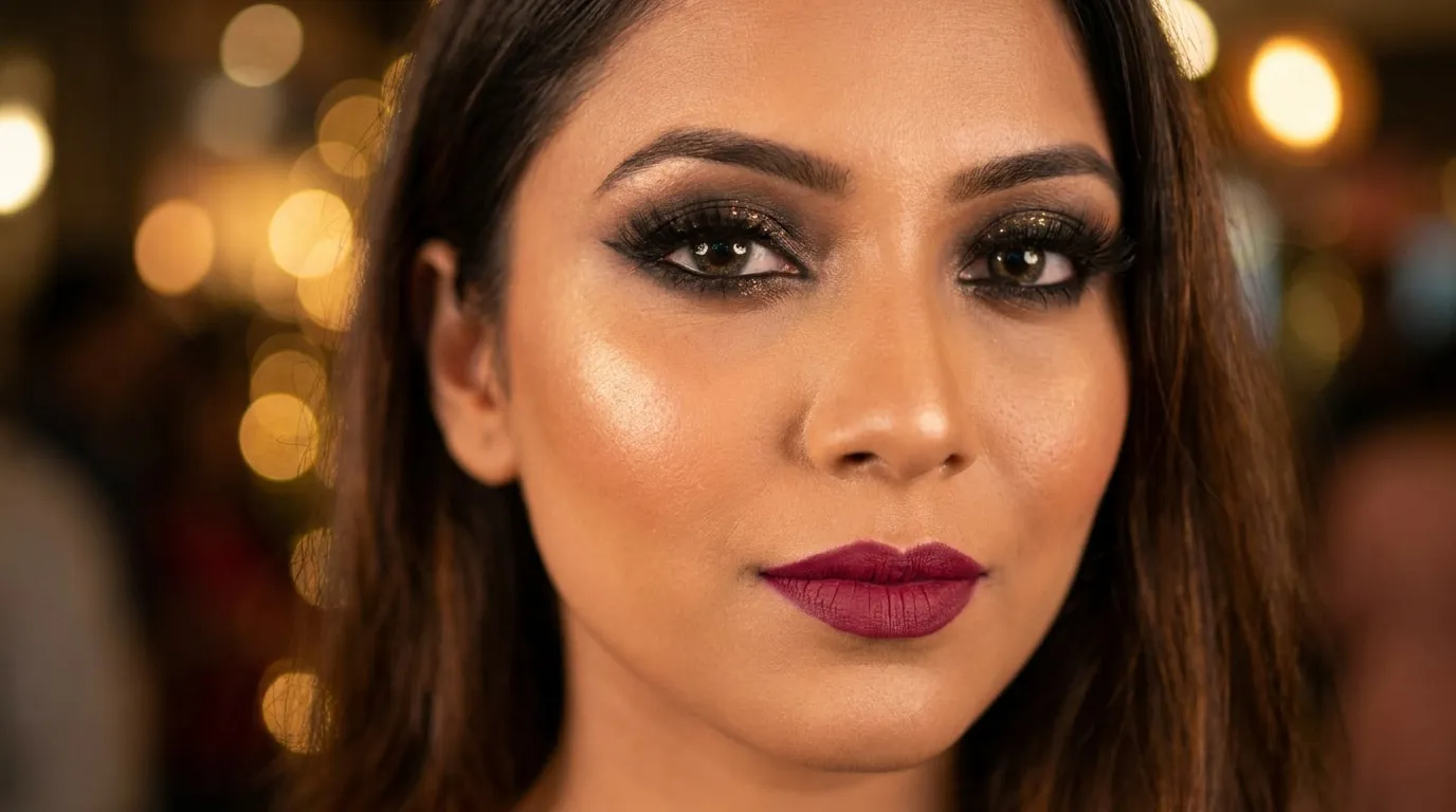 Gros plan sur le visage d'une femme avec un maquillage de fête, yeux pailletés et rouge à lèvres bordeaux mat.
