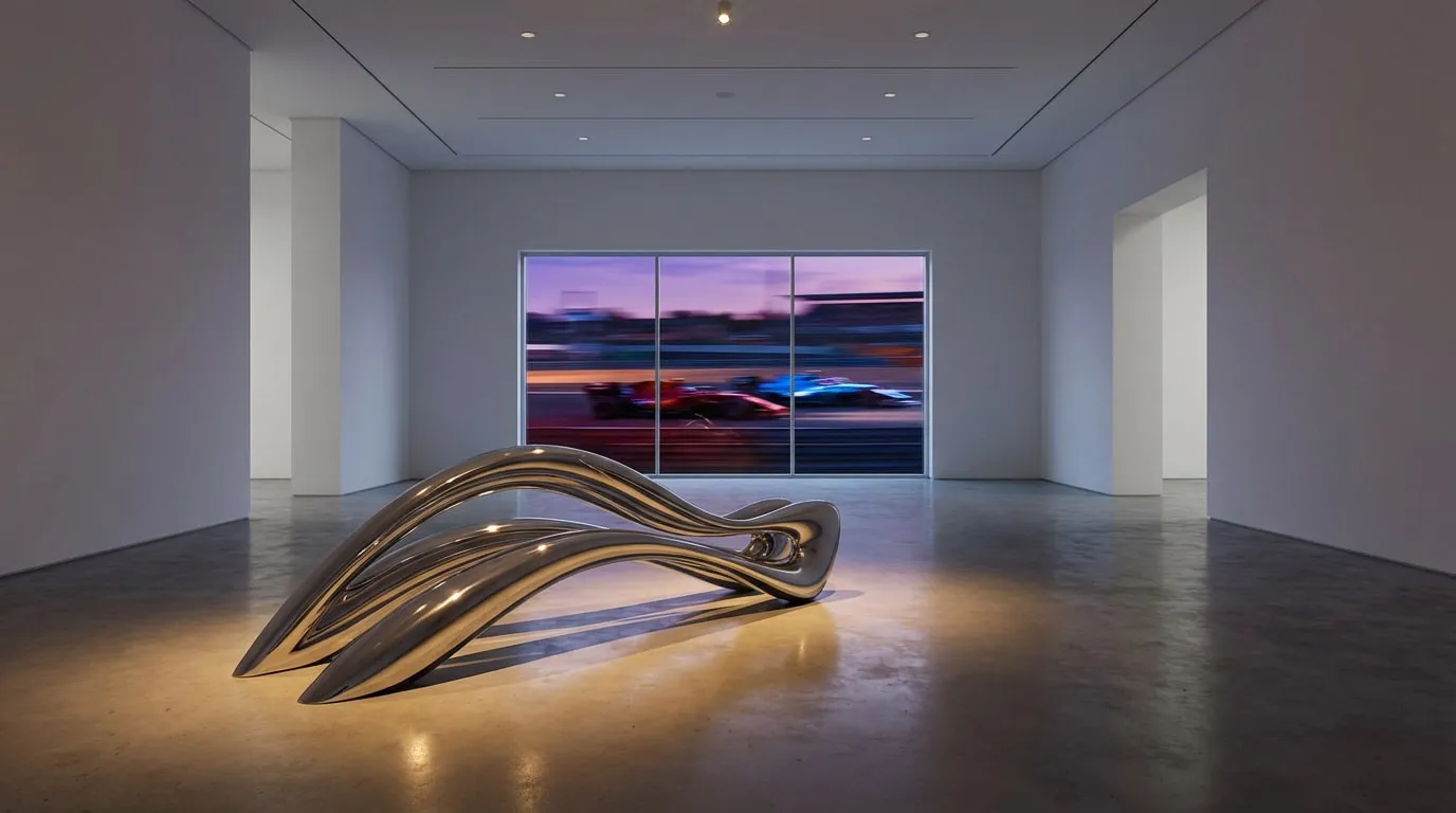 Sculpture métallique courbée dans une galerie, devant un écran montrant deux voitures de Formule 1 en course.