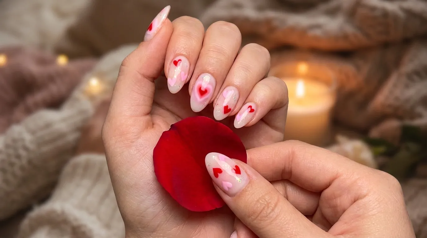 Mains tenant un pétale de rose rouge, avec des ongles décorés de petits cœurs rouges et roses sur une base claire.