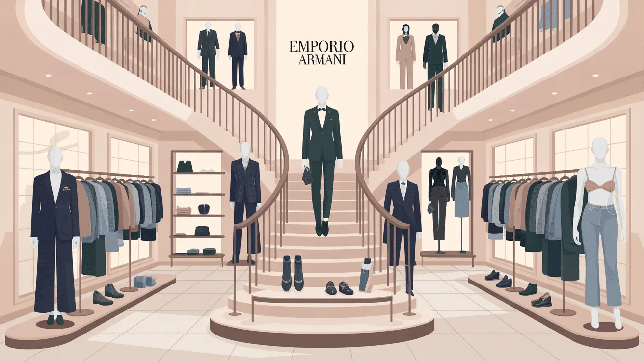 Magasin Emporio Armani avec costumes et accessoires.