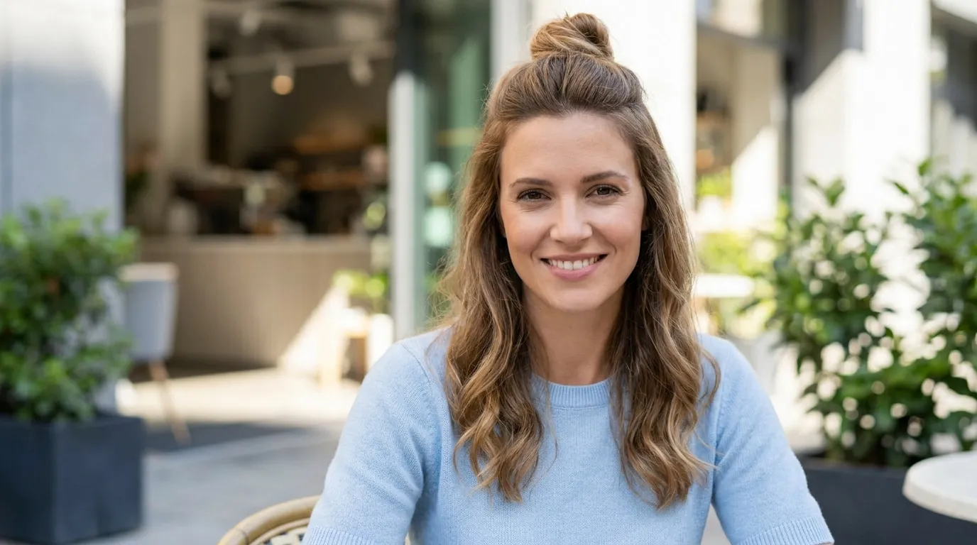 Femme souriante portant un chignon demi-queue (half bun) sur ses cheveux châtains, vêtue d'un pull bleu clair.