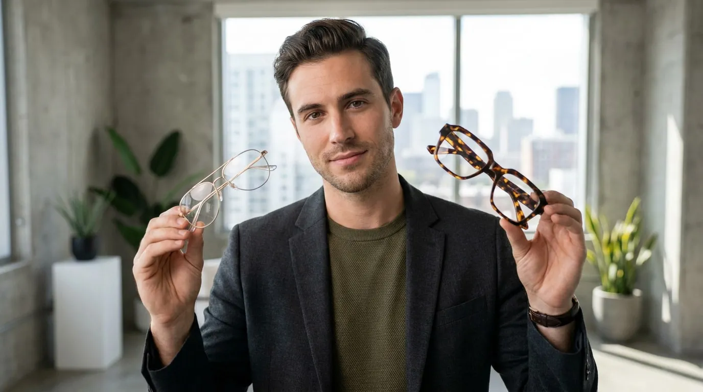 Un homme élégant comparant deux paires de lunettes, l'une métallique et l'autre en écaille, dans un bureau moderne.
