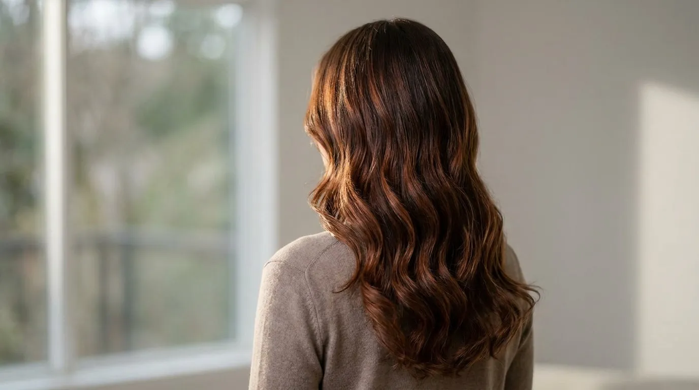 Vue de dos d'une femme aux cheveux longs bruns avec des reflets cuivrés et roux lumineux devant une fenêtre.