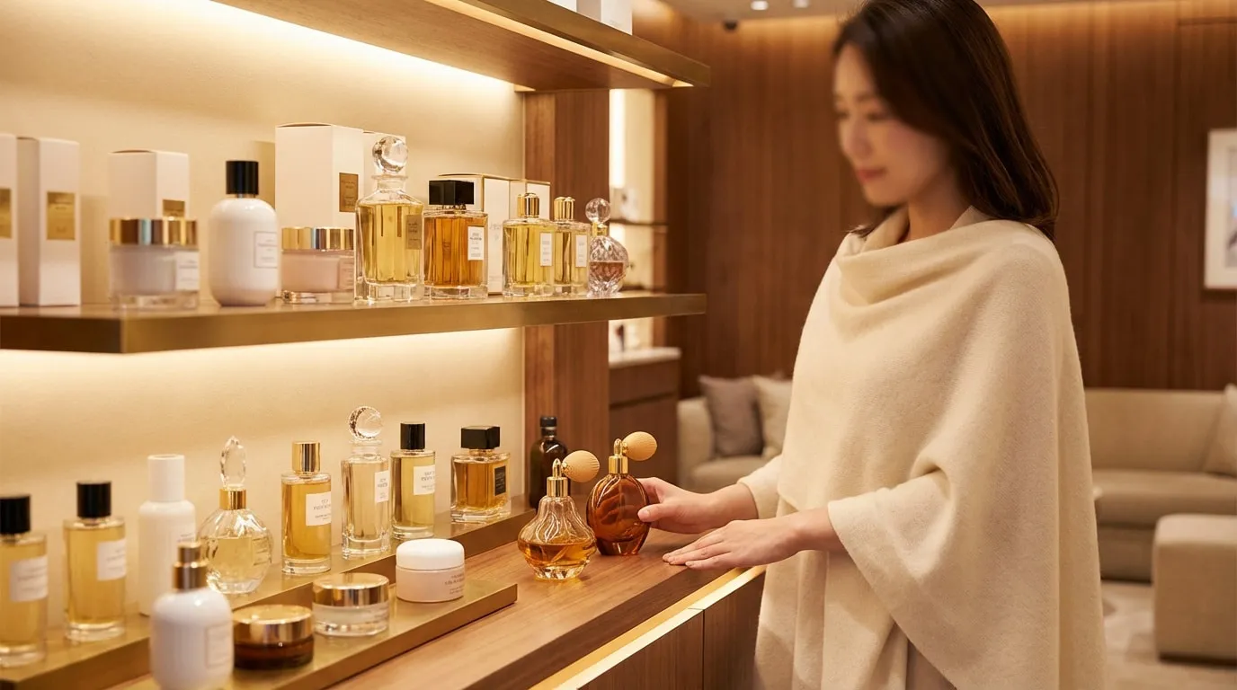 Une femme aux mains délicates observe et touche un flacon de parfum ambré sur une étagère en bois éclairée d'une parfumerie haut de gamme.
