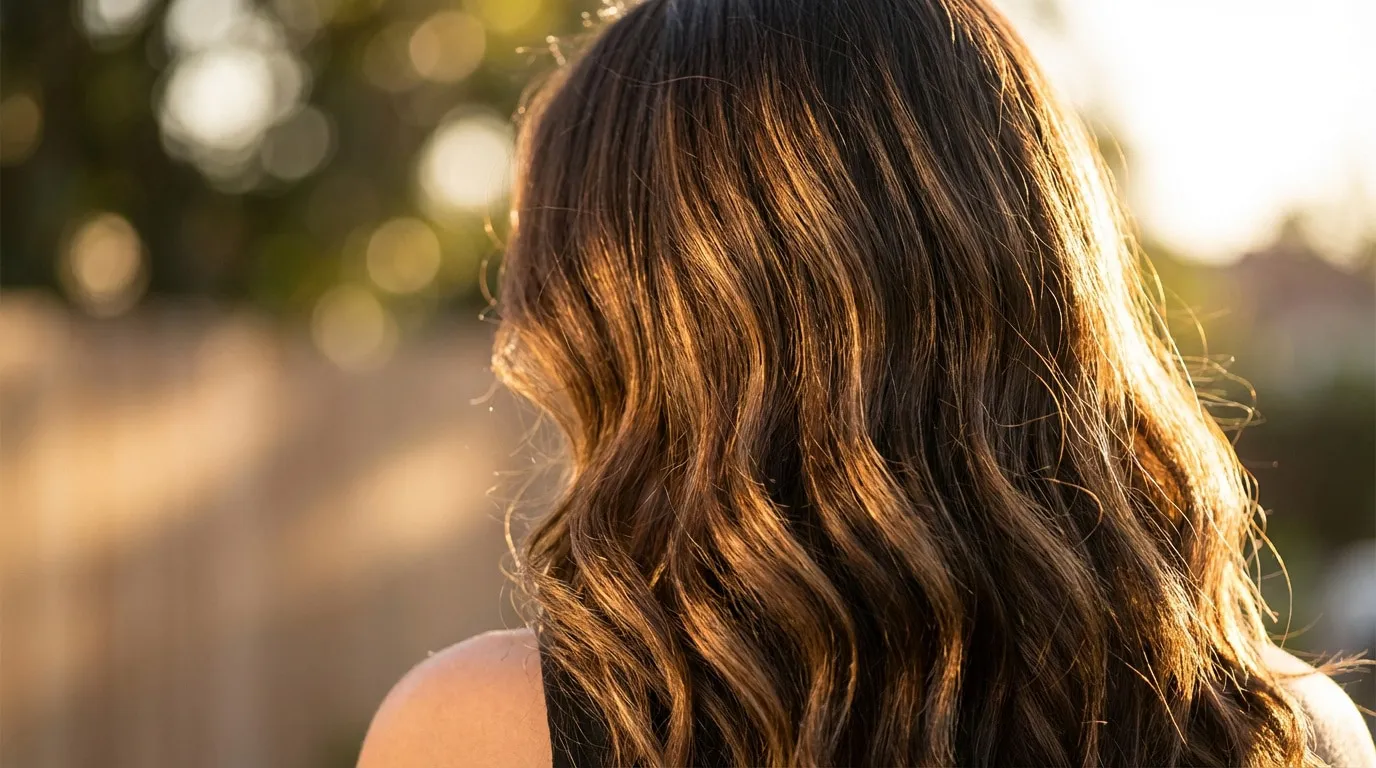 Dos d'une femme aux longs cheveux châtains foncés ondulés, éclaircis par des mèches caramel miel, brillants sous un soleil couchant.