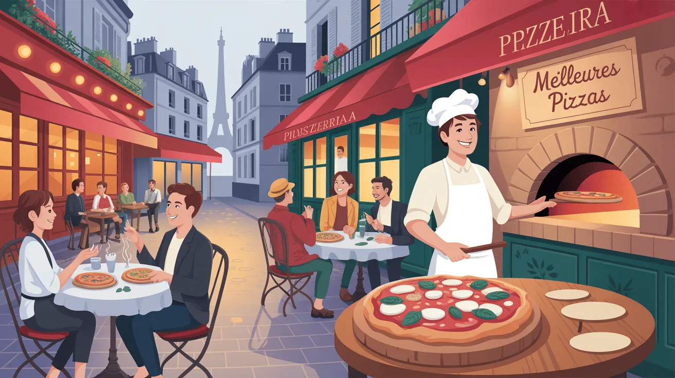 Terrasse de restaurant avec pizzaiolo et clients souriants