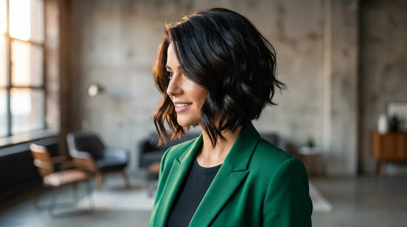 Femme brune avec une coupe au carré asymétrique, souriante, portant un blazer vert dans un intérieur moderne.