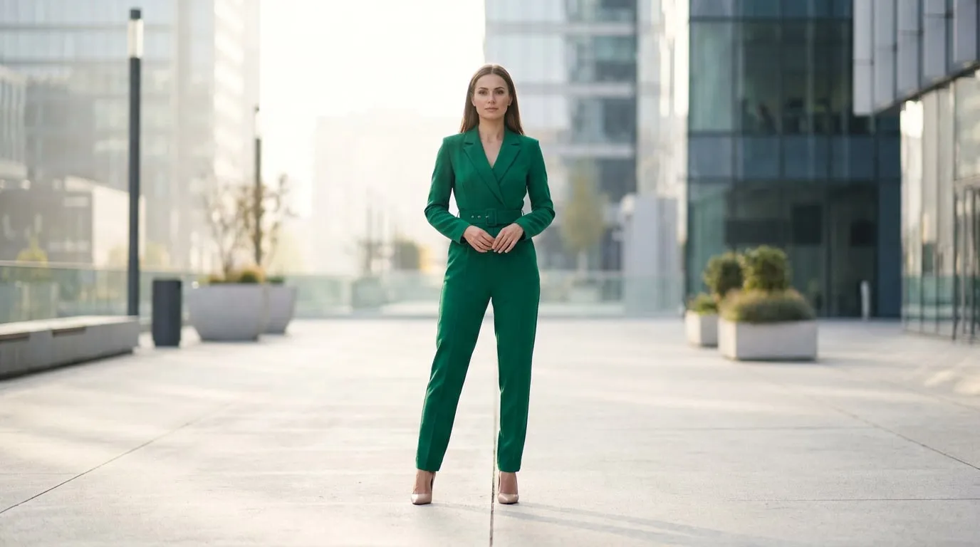 Femme en combinaison verte cintrée debout dans un quartier d'affaires moderne, rayonnant d'assurance.