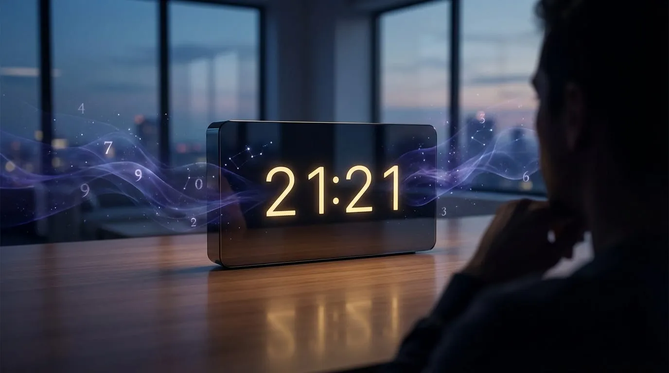 Horloge digitale affichant 21h21. Des ondes lumineuses, nombres et étoiles flottent. Une personne observe, plongée dans la réflexion.