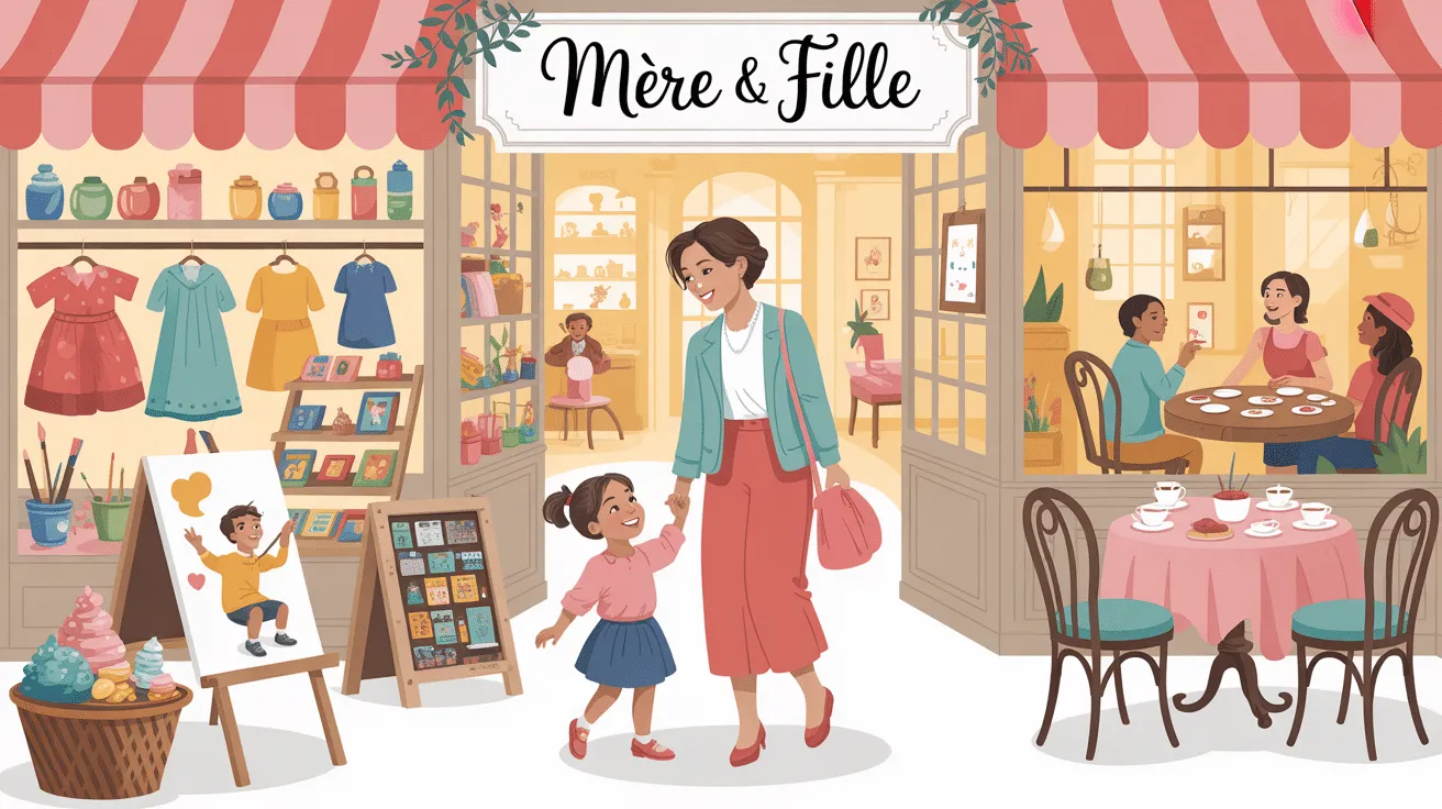 Mère et fille dans une boutique colorée.