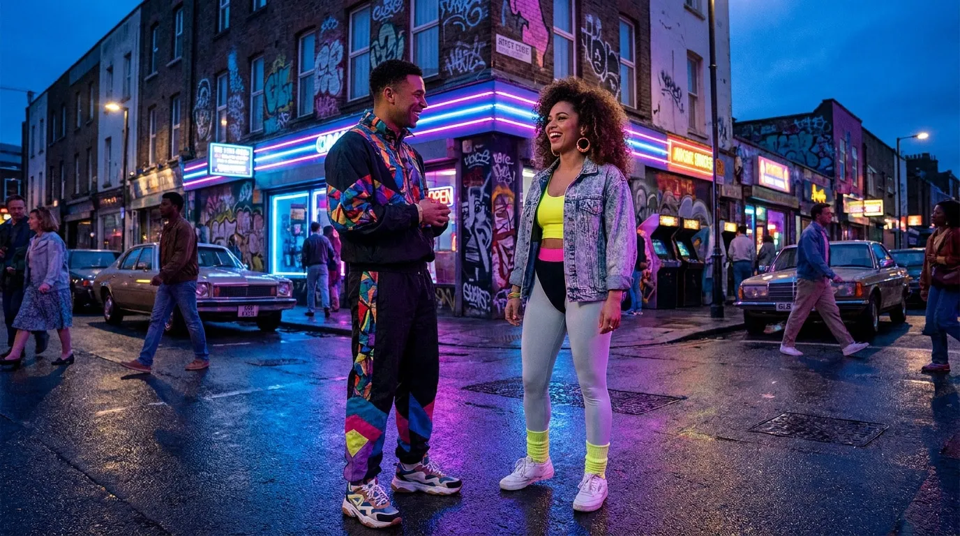 Un couple habillé avec des vêtements colorés des années 80 discute dans une rue urbaine illuminée par des néons.