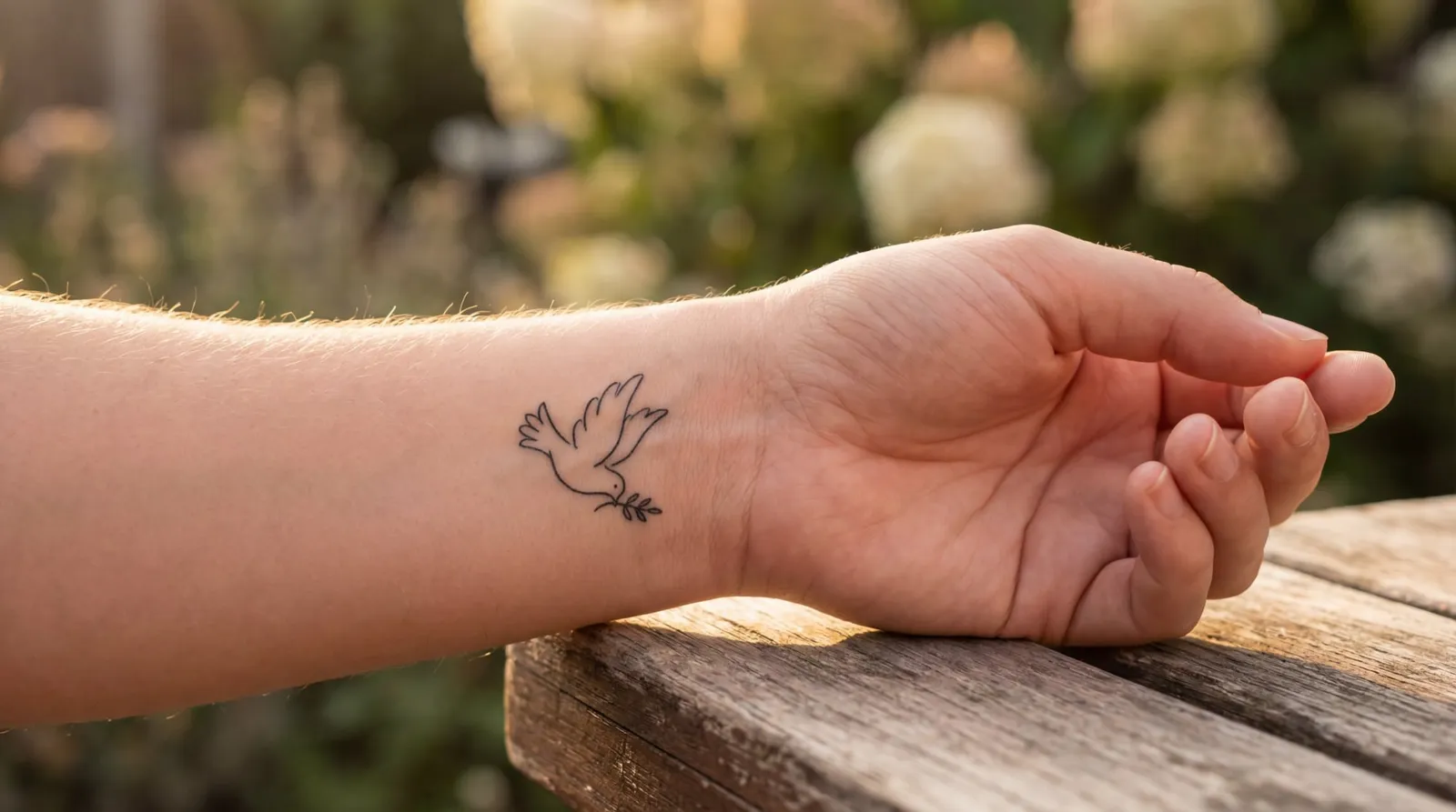 Avant-bras et main posés sur bois. Tatouage minimaliste d'une colombe avec branche d'olivier sur le poignet intérieur. Fond végétal flou.