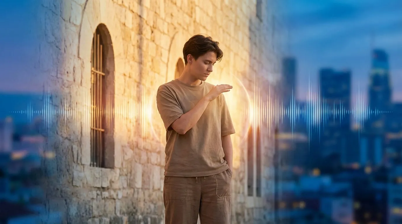 Un jeune homme manipule une onde lumineuse reliant un mur ancien et une ville moderne, symbolisant l'héritage linguistique.