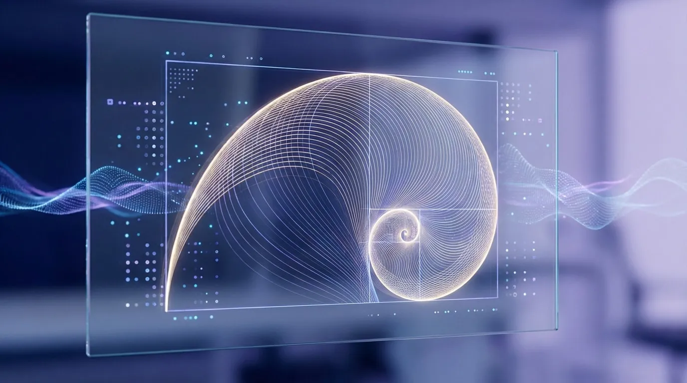 Une spirale du nombre d'or brillante sur un écran transparent flottant, entourée d'éléments de données abstraits et d'ondes lumineuses futuristes bleues et violettes.
