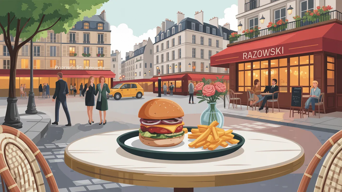 Repas en terrasse avec burger et frites à Paris.