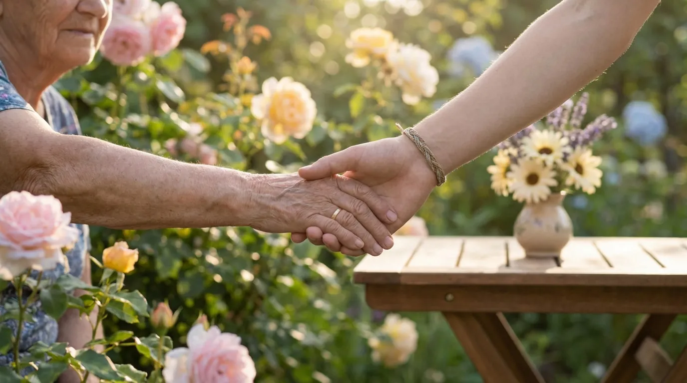 Deux mains, une âgée et une jeune, se tiennent dans un jardin ensoleillé, entourées de roses roses et jaunes.