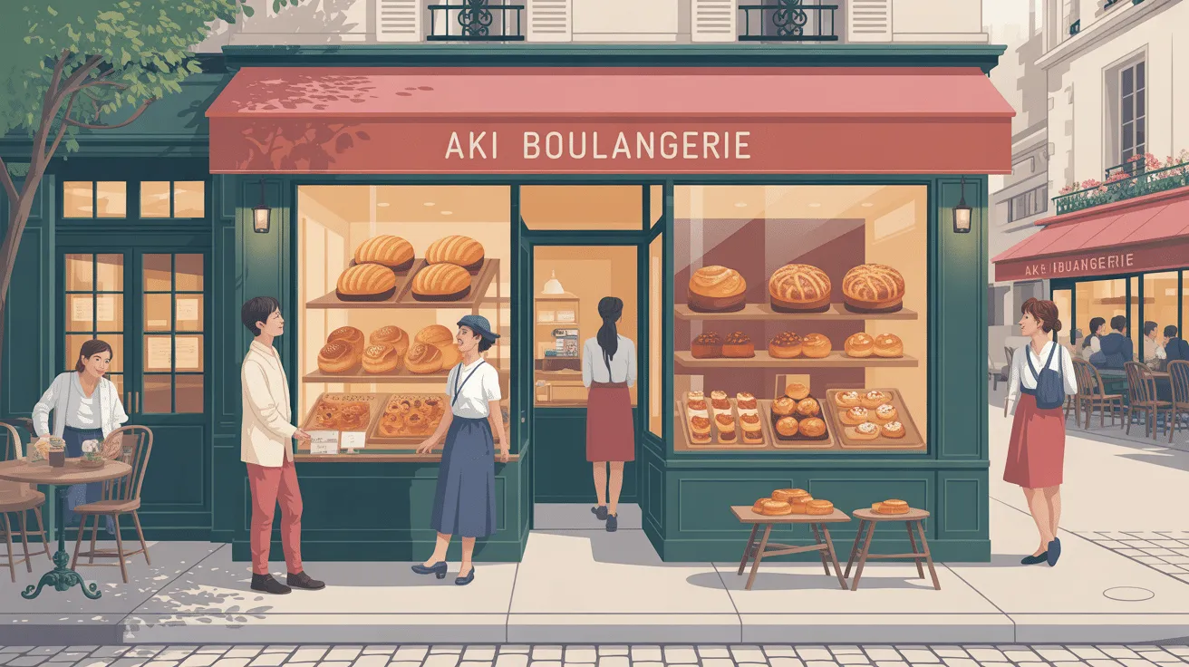 Boulangerie avec diverses pâtisseries exposées.