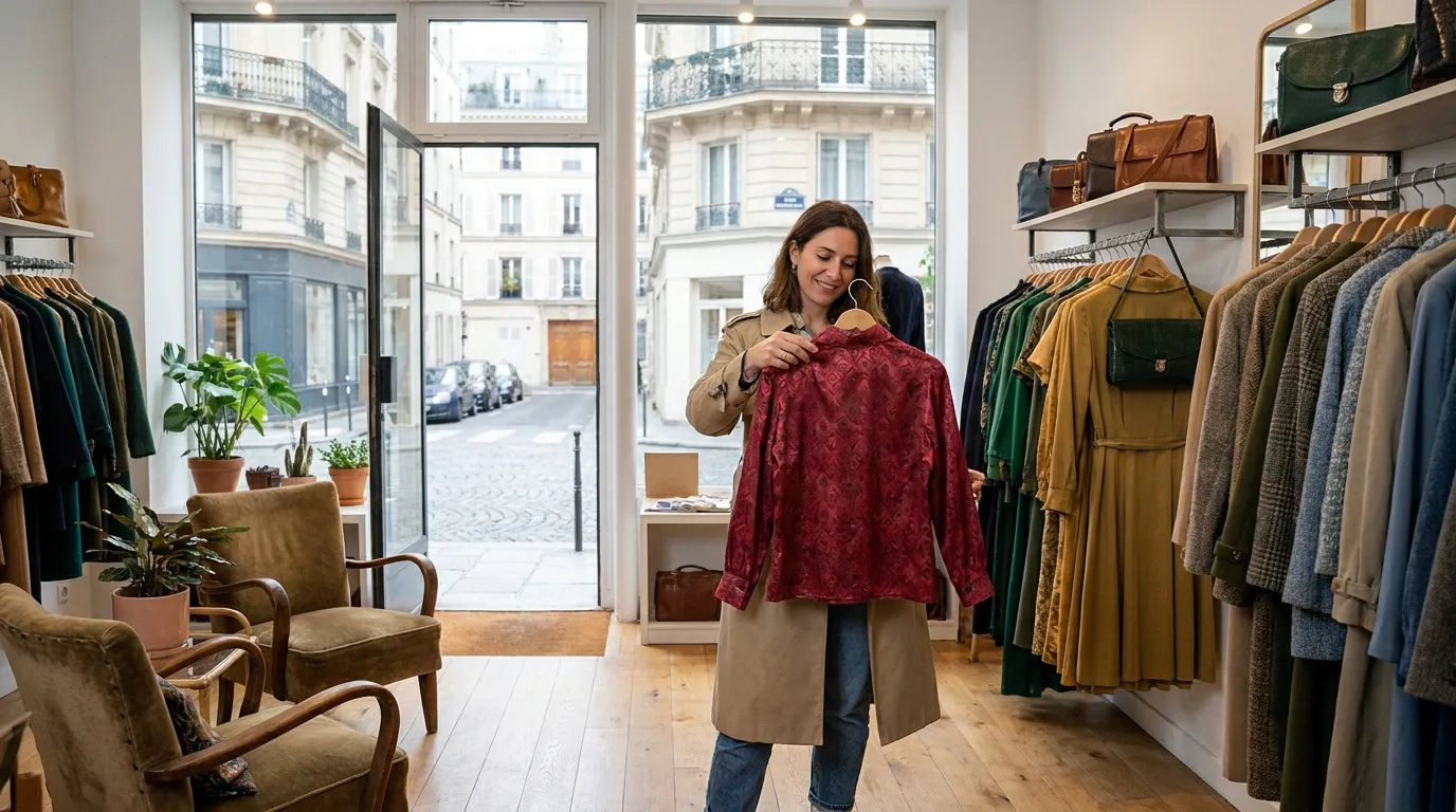 Une femme souriante examine une chemise rouge vintage dans une friperie chic du 15ème arrondissement de Paris.