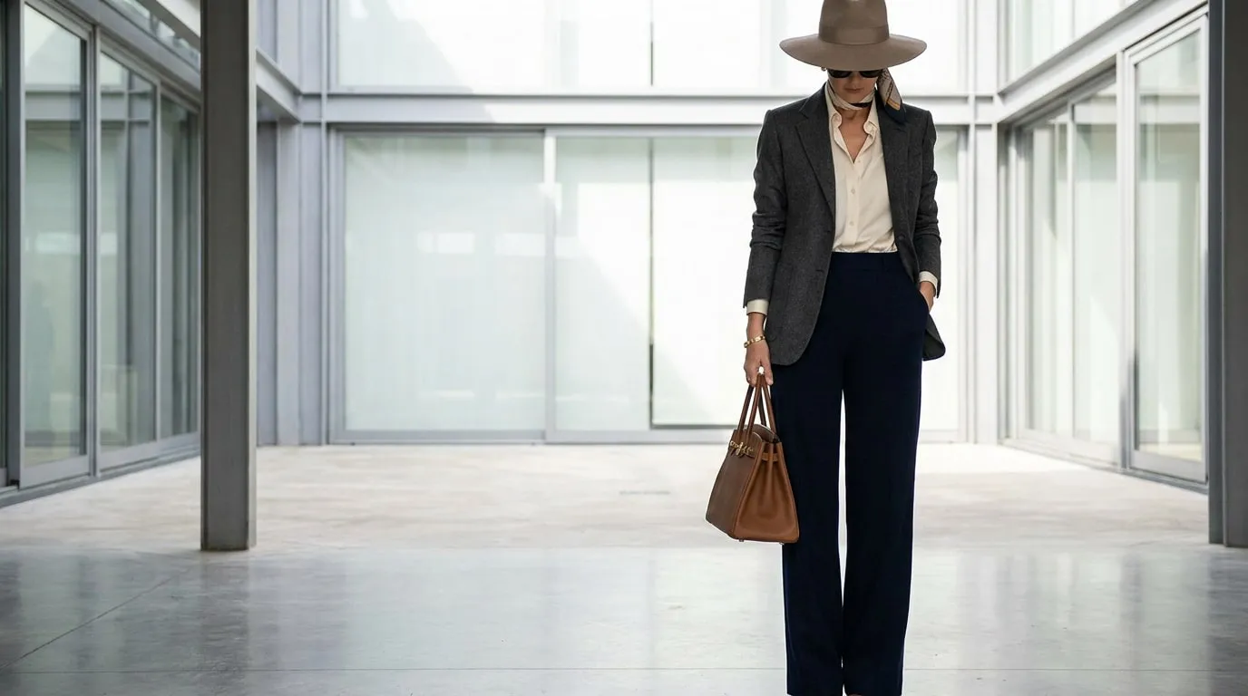 Une femme élégante portant un blazer gris, un pantalon bleu marine et un chapeau dans une architecture moderne.