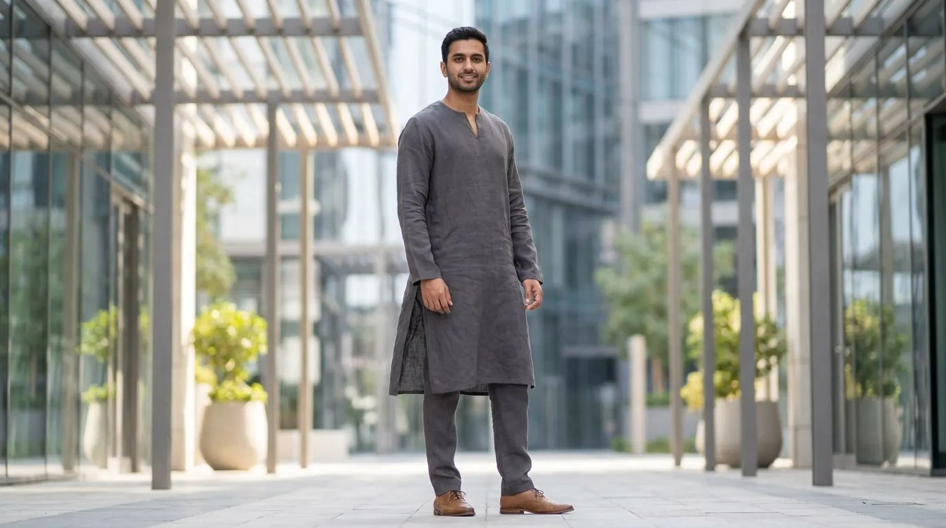 Un homme portant une longue tunique grise élégante et un pantalon assorti devant des bâtiments modernes.