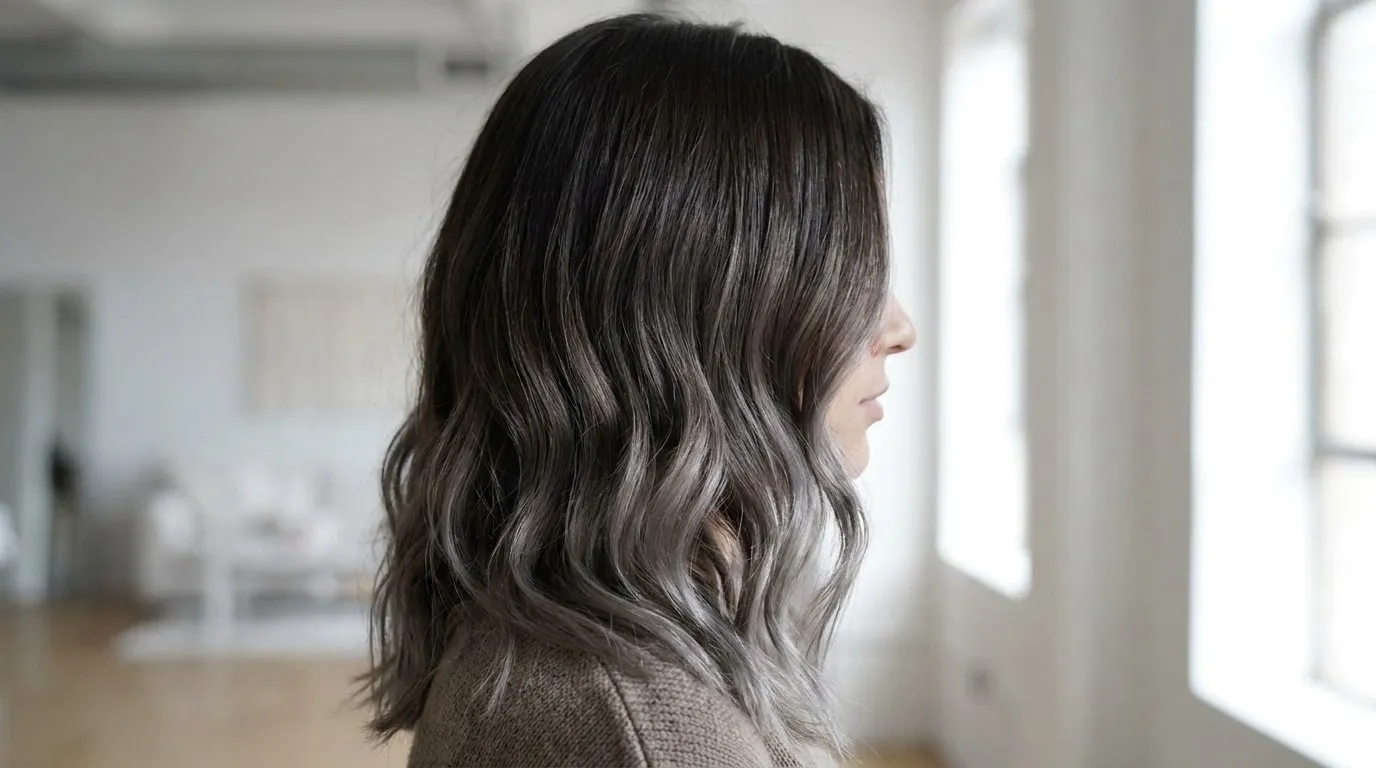 Vue de profil d'une femme avec un dégradé de cheveux brun et gris, style balayage naturel.