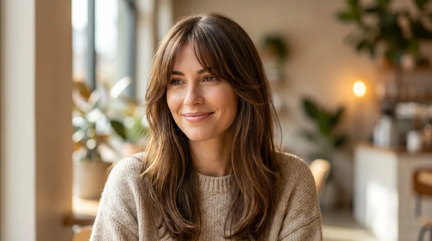 Portrait d'une femme souriante avec une frange rideau longue et des cheveux châtains souples.