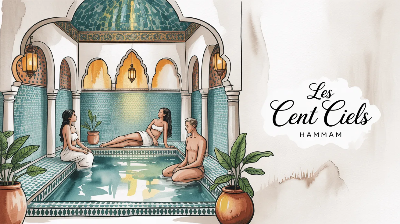 Intérieur d'un hammam avec trois personnes relaxant.