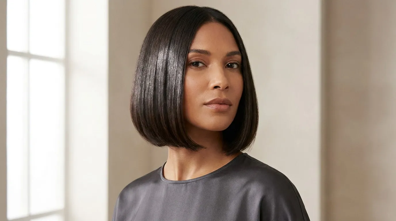 Femme aux cheveux bruns coupés au carré droit, lisses et brillants, portant un haut gris en satin.
