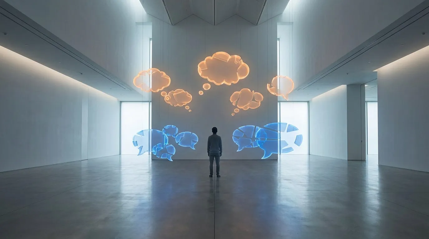 Un homme dans une salle moderne face à des bulles de pensée lumineuses (oranges) et des bulles de dialogue (bleues), la plupart fragmentées.