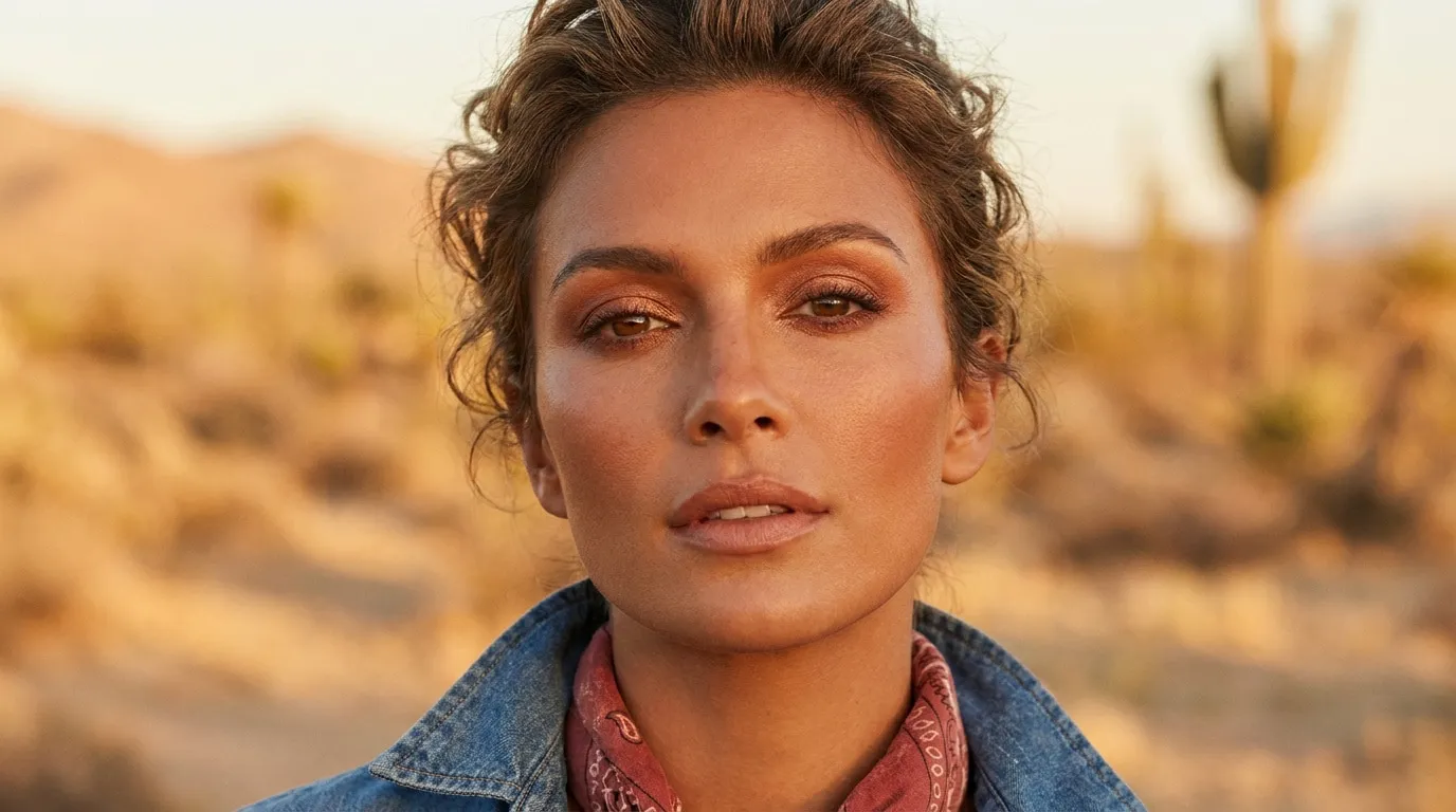 Portrait d'une femme au look western avec un maquillage aux tons chauds dans un paysage désertique au coucher du soleil.