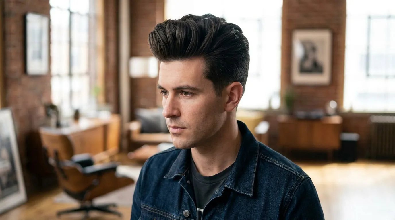 Portrait d'un homme aux cheveux bruns coiffés en quiff volumineux, portant une veste en jean dans un loft.