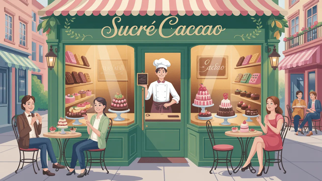 Pâtisserie animée avec desserts et clients heureux.