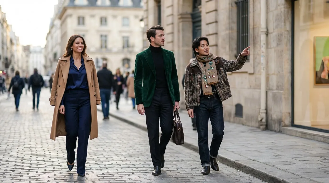 Trois personnes vêtues de tenues élégantes et modernes marchent sur une rue pavée typique de Paris, présentant des looks tendances.