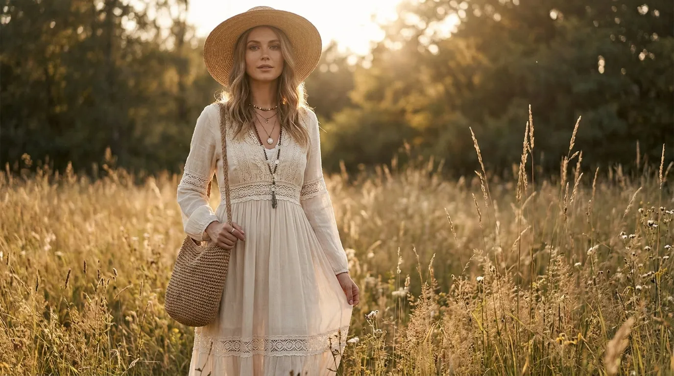 Femme en robe beige et chapeau de paille marchant dans un champ sous une lumière dorée.